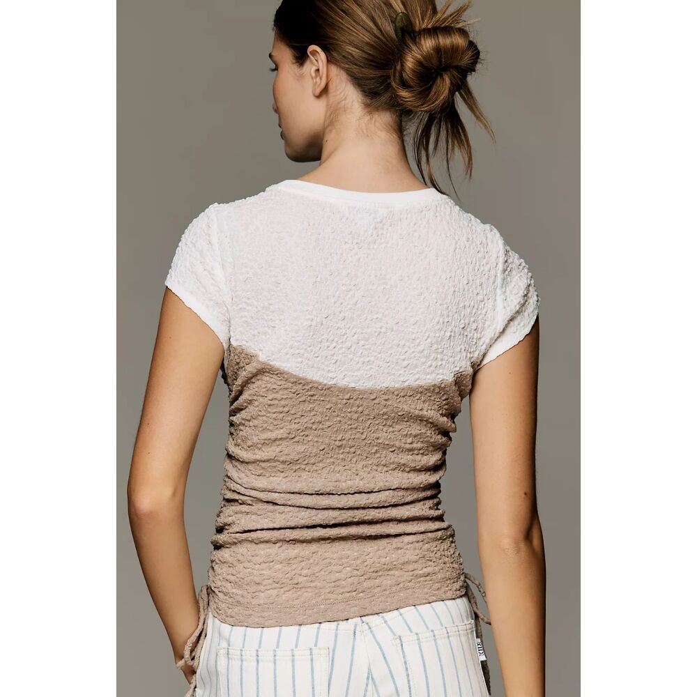 Anthropologie Maeve Ruched Corset Short-Sleeve Top Sesame/White SZ S NWT Coastal - Picture 4 of 4